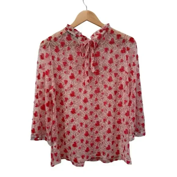 Fairy Heart Ruffle Mock Neck Sheer Mesh Lace Top Sz XL Cottage Prairie Romantic - Picture 5 of 12